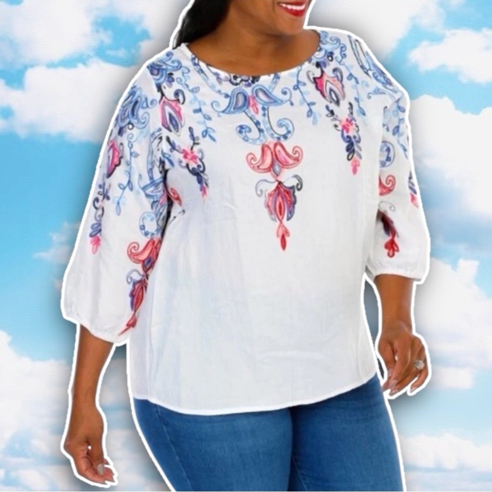 KINDRED Plus Size Folk Art Embroidered Blouse Boho Bohemian Gypsy Prairie 70s
